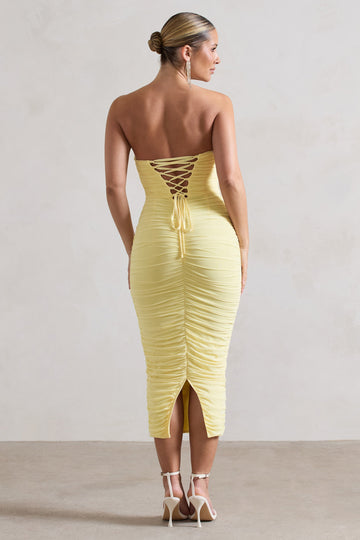 Nylah Lemon Ruched Corset Bodycon Midi Dress